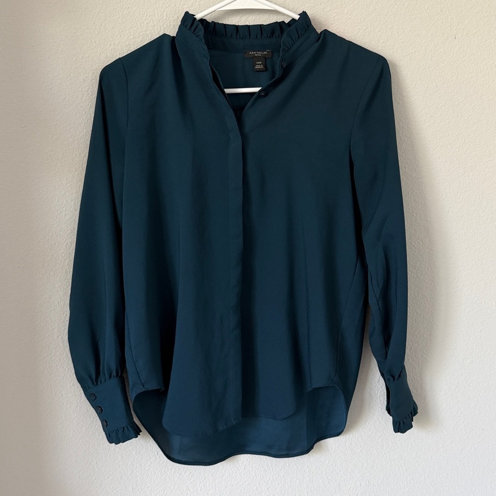 Ann Taylor Deep Teal Button Down Blouse XXSP Petite
